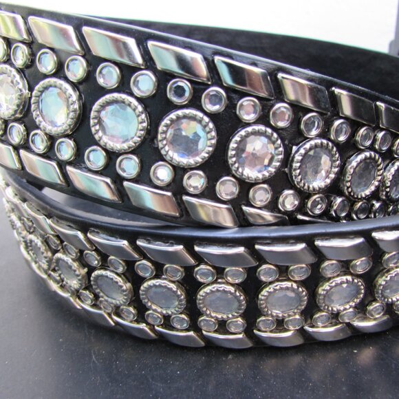Black Leather Inlaid Rhinestone & Metal Stud Belt XL 49\